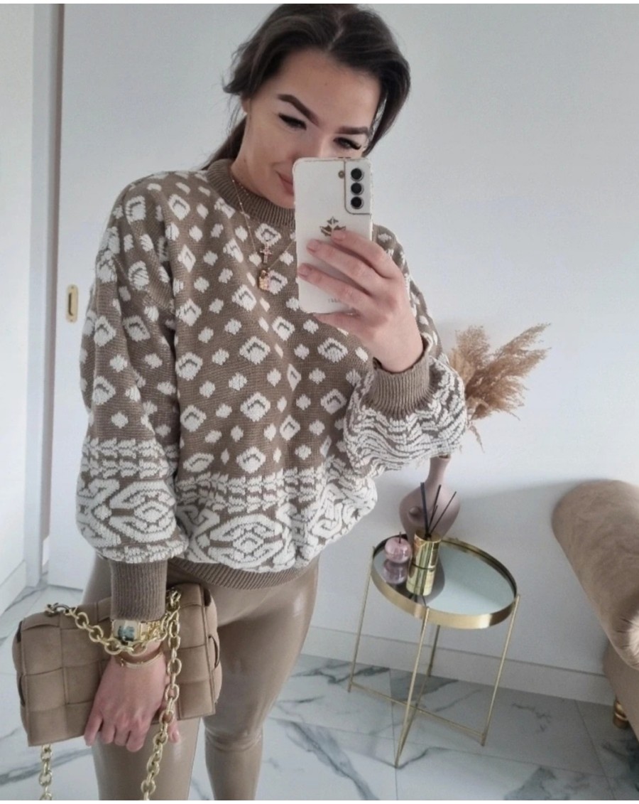 Sweter beżowo-biały nude L
